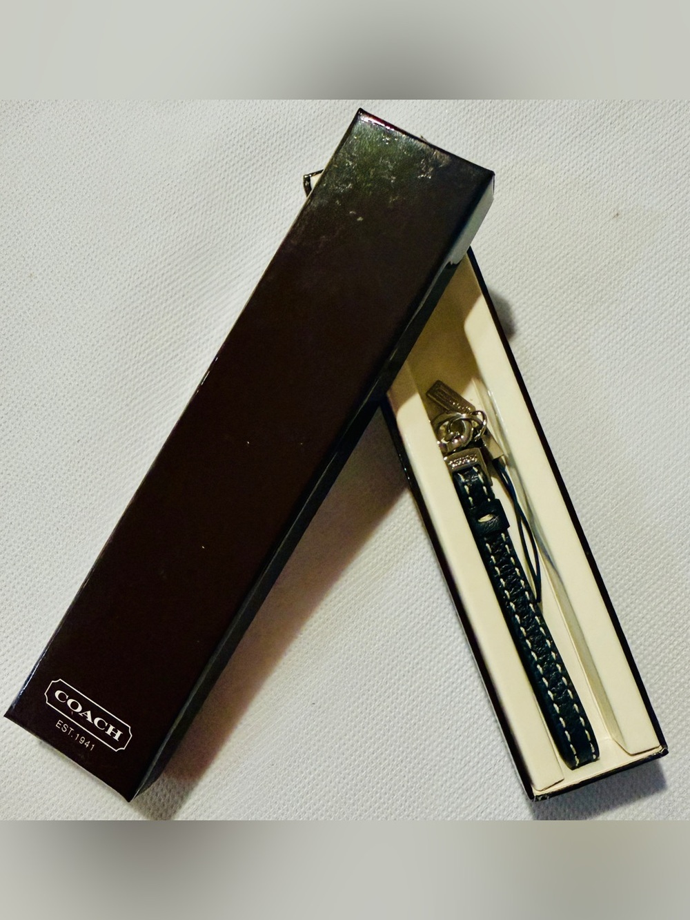 Coach Black Leather Phone Charm with Silver Hardware
